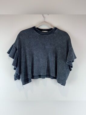 Altar’d State Gray Black Waffle Knit Flutter Sleeve Preppy Cropped Nessa Top XS